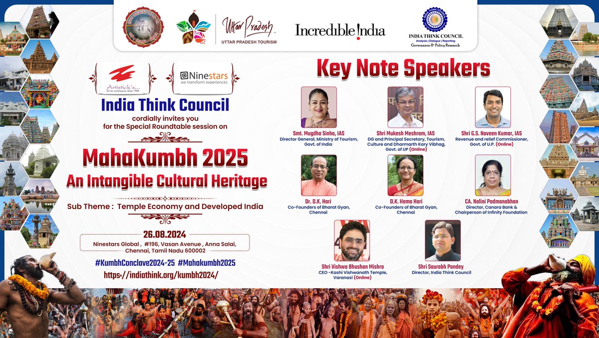 Saurabh Pandey (@itc_saurabhp) on Twitter photo Key note Speakers for 6th RT _Chennai <a href="/kumbhconclave/">Kumbh Conclave</a> ( <a href="/IndiathinkOrg/">India Think Council 🇮🇳</a> )
#KumbhConclave2024-25 #Mahakumbh2025
<a href="/PrayagrajMela/">Prayagraj Mela Authority</a>
<a href="/uptourismgov/">UP Tourism</a> <a href="/incredibleindia/">Incredible!ndia</a> <a href="/MPTourism/">Madhya Pradesh Tourism</a> <a href="/maha_tourism/">Maharashtra Tourism</a> Key note Speakers for 6th RT _Chennai <a href="/kumbhconclave/">Kumbh Conclave</a> ( <a href="/IndiathinkOrg/">India Think Council 🇮🇳</a> )
#KumbhConclave2024-25 #Mahakumbh2025
<a href="/PrayagrajMela/">Prayagraj Mela Authority</a>
<a href="/uptourismgov/">UP Tourism</a> <a href="/incredibleindia/">Incredible!ndia</a> <a href="/MPTourism/">Madhya Pradesh Tourism</a> <a href="/maha_tourism/">Maharashtra Tourism</a>