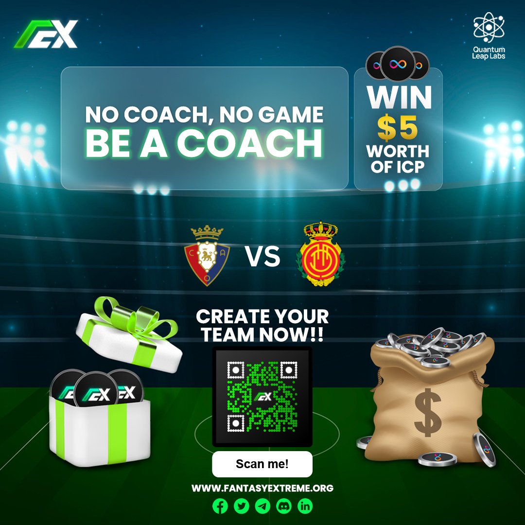 FExtremesports's tweet photo. Ready to win $5 #ICP, Plus #NFTs &amp; #Airdrop in today's Match @Osasuna vs @RCD_Mallorca

Steps 
- Go to https://t.co/YwtJyyt3s5  
- Create team, join contest &amp; win  

Join Now: https://t.co/UeBXigUvk3

#Fantasyextreme #LaLiga #DFINITY #ICPProject #ICPhub https://t.co/ZrP8t8Bbrz
