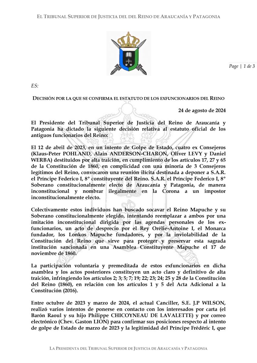 APchancellerie's tweet photo. Resolución de 24 de agosto de 2024, del Presidente del Tribunal Superior de Justicia de la Araucanía y Patagonia, que confirma la condición de ex funcionarios del Reino.
#Patagonia #Araucania #Justicia #SainteRoseDeLima #Reino #ReinodeAraucanía #PríncipeFederico #Mapuche https://t.co/0qzzy2P21F