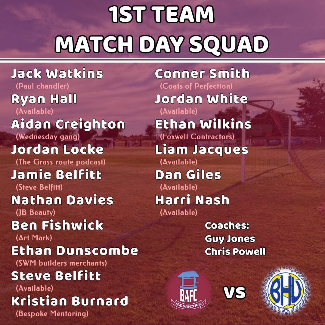 Our Squad to face <a href="/BromleyHeathUtd/">Bromley Heath Utd FC</a> in the <a href="/GlosCounty/">Glos County League</a> league

3pm Ko ⚽️
The Hawthorns📍
Bar open 🍻