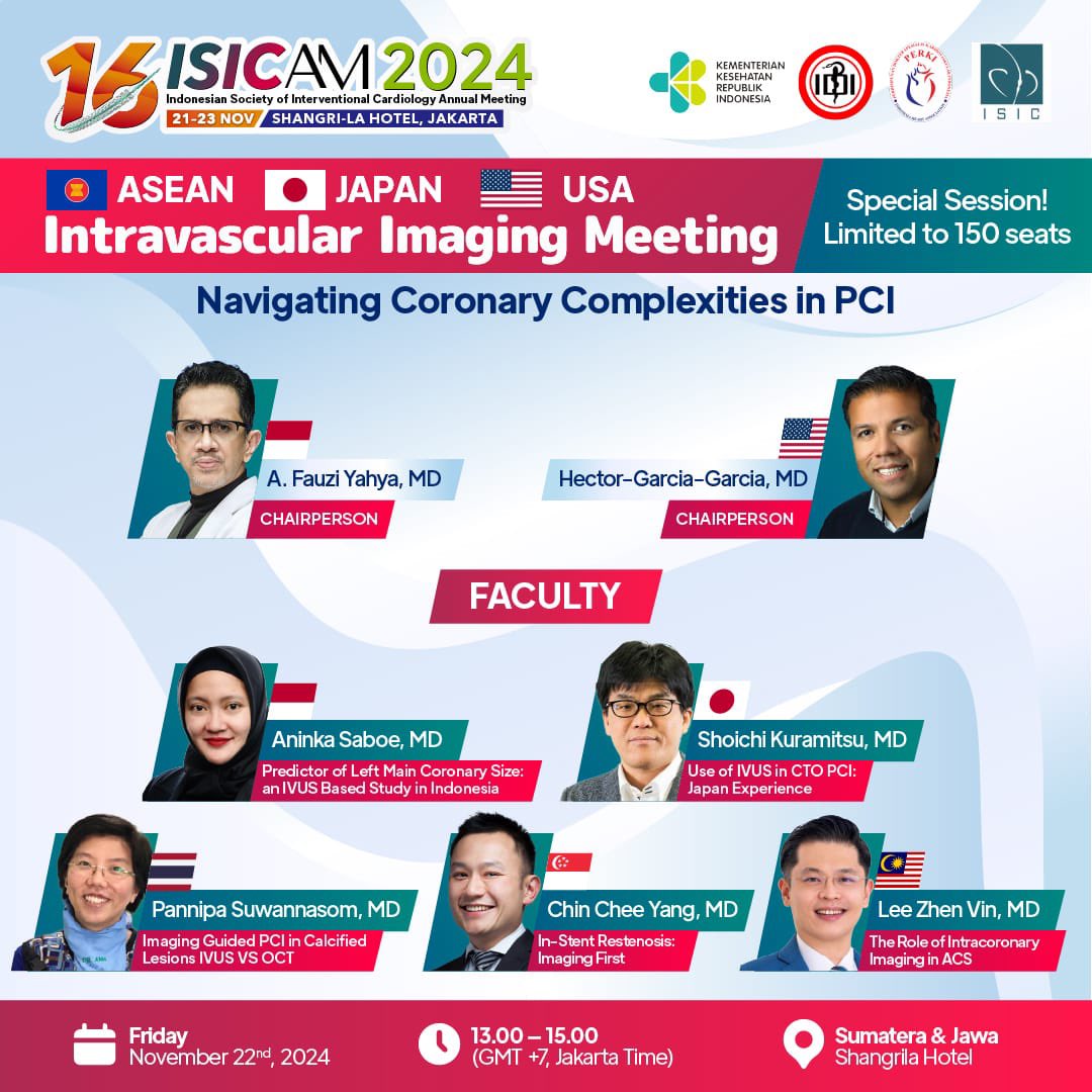 Are you ready for #ISICAM2024?
Don't miss out Intravascular Imaging Meeting from ASEAN, JAPAN, and USA. Join us for an insightful session on mastering coronary complexities and advancing intracoronary imaging techniques. Elevate your expertise and stay ahead in cardiovascular
