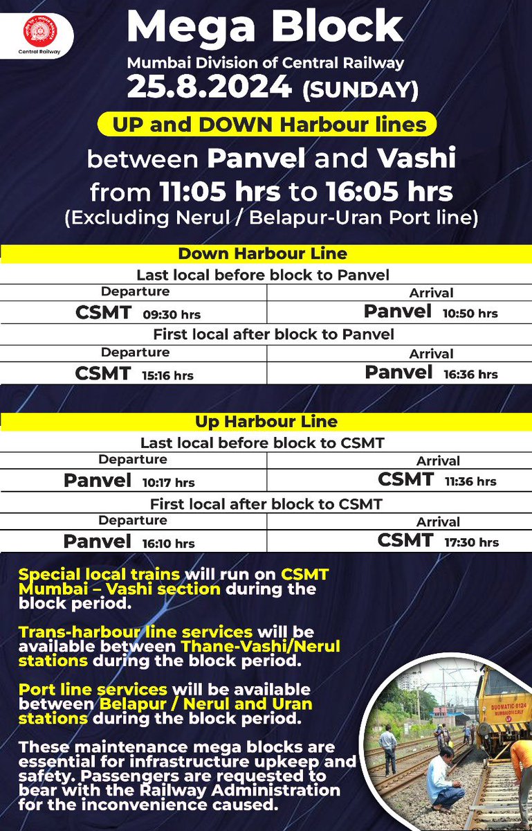 Central_Railway's tweet image. Attention Passengers! 🚨🚧
Mega Block on UP and DOWN Fast Lines, Harbour line and trans-harbour lines on 25.08.2024 (Sunday).
Check the schedule for the first and last local trains before and after the block.
Plan your travel accordingly.
#MegaBlock #SundayBlock