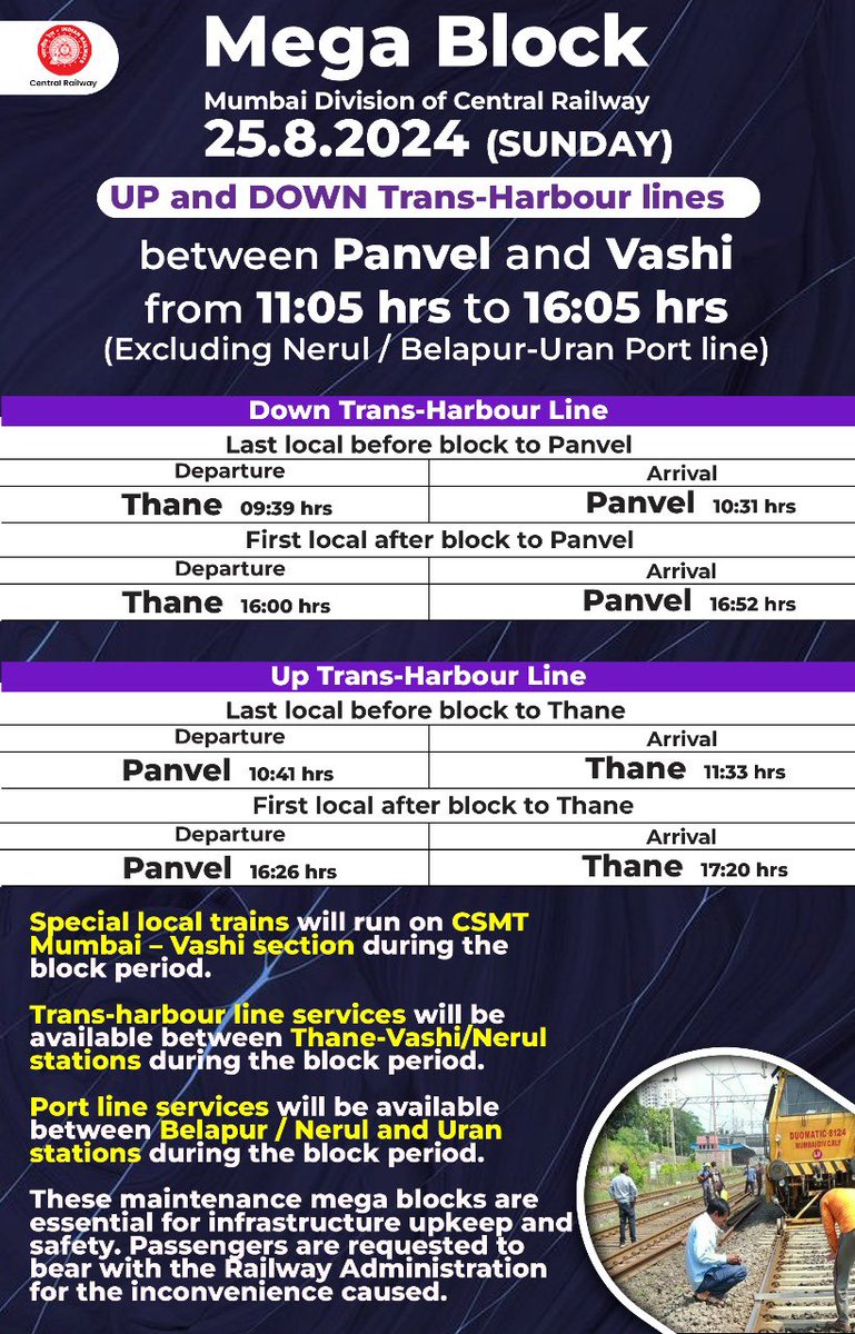 Central_Railway's tweet image. Attention Passengers! 🚨🚧
Mega Block on UP and DOWN Fast Lines, Harbour line and trans-harbour lines on 25.08.2024 (Sunday).
Check the schedule for the first and last local trains before and after the block.
Plan your travel accordingly.
#MegaBlock #SundayBlock