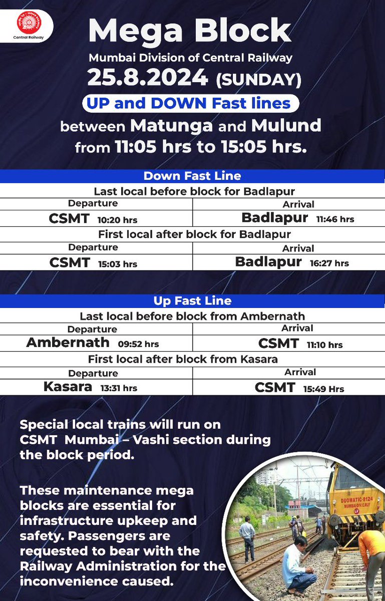 Central_Railway's tweet image. Attention Passengers! 🚨🚧
Mega Block on UP and DOWN Fast Lines, Harbour line and trans-harbour lines on 25.08.2024 (Sunday).
Check the schedule for the first and last local trains before and after the block.
Plan your travel accordingly.
#MegaBlock #SundayBlock