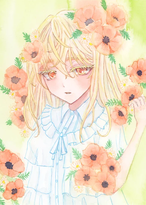 ペン入れしたらかわいくなったので全体像載せます アネモネと女の子!! uni-ball oneでペン入れしました、大好き!!