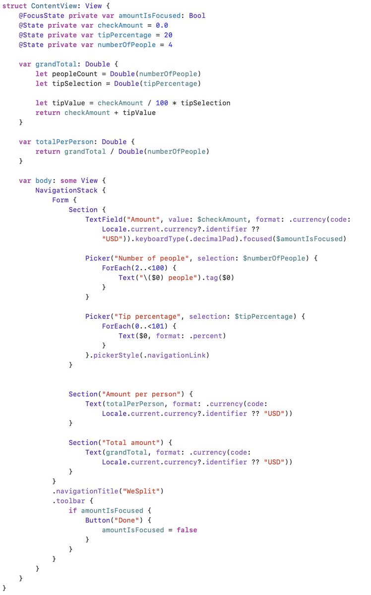 iosdevlearner's tweet image. Just finished Day 18 of the #100DaysOfSwiftUI I changed the code so that numberOfPeople actually contains the number of people. I did this with the .tag modifier. Are there any downsides to this approach?