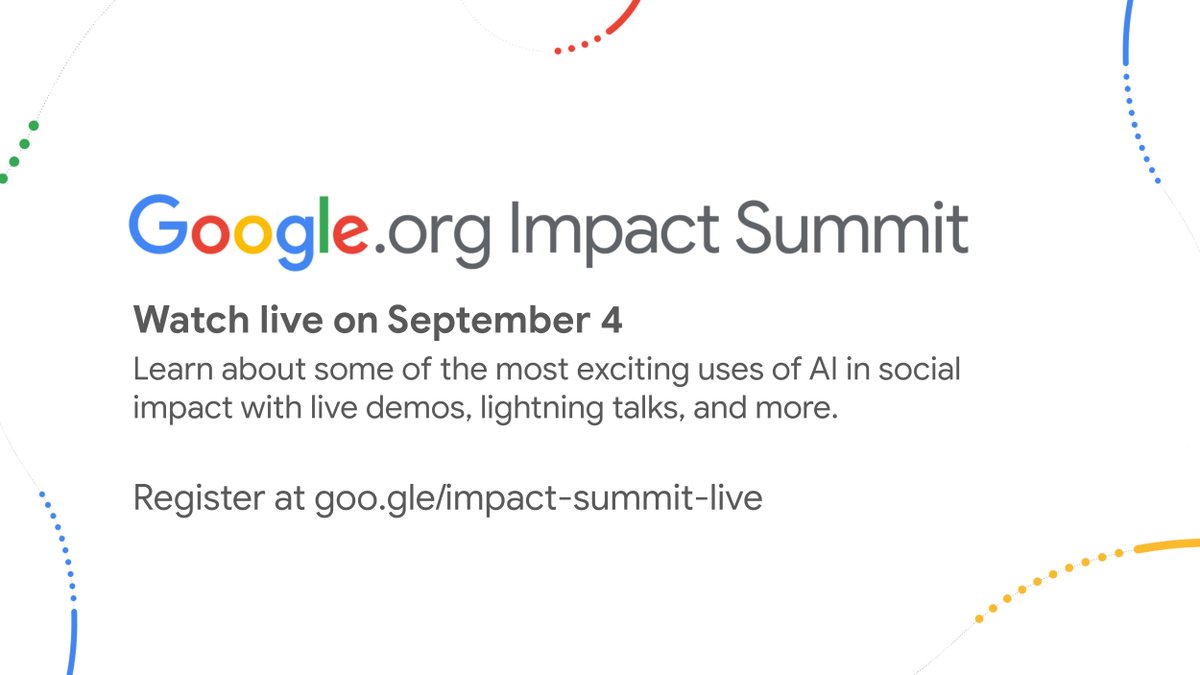 Less than two weeks to go until Google.org Impact Summit: Live! So many great talks, demos and announcements planned, it's going to be incredible!

Register today to watch live on September 4th.

eventsonair.withgoogle.com/events/impact-…
