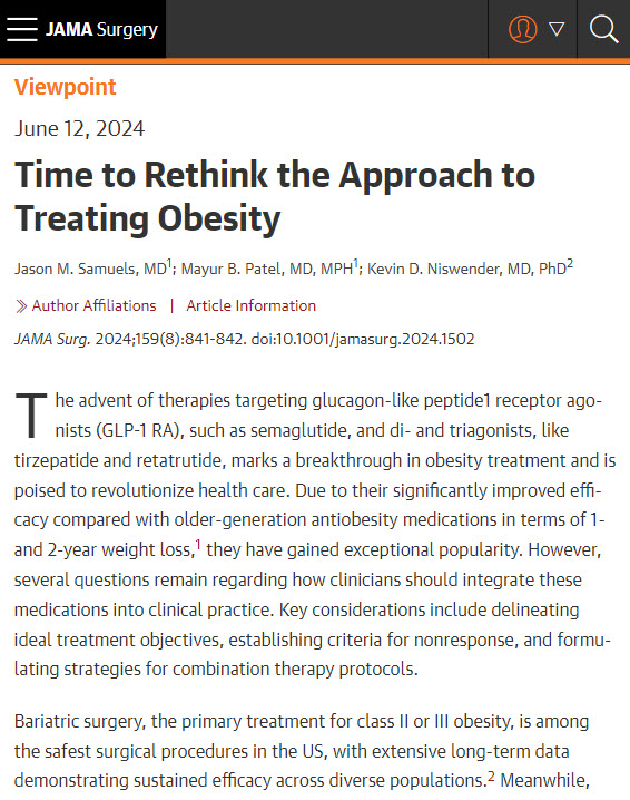 JAMA Surgery (@jamasurgery) on Twitter photo Most viewed in the last 7 days from <a href="/JAMASurgery/">JAMA Surgery</a>:
Viewpoint describes potential benefits and hurdles to implementing a more personalized approach to obesity treatment.
ja.ma/4dwShTJ Most viewed in the last 7 days from <a href="/JAMASurgery/">JAMA Surgery</a>:
Viewpoint describes potential benefits and hurdles to implementing a more personalized approach to obesity treatment.
ja.ma/4dwShTJ