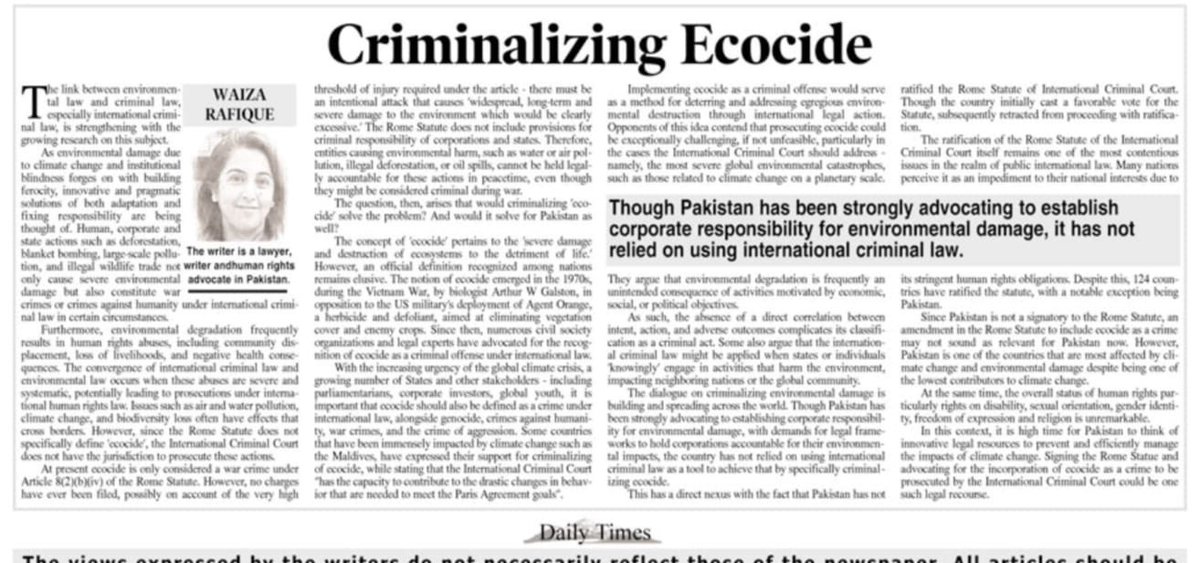 In her article in <a href="/dailytimespak/">Daily Times</a> today, our founder <a href="/WaizaRafique/">Waiza Rafique</a> explores the pressing need for establishing ecocide as a recognized crime in international law dailytimes.com.pk/1220281/crimin…
#CapacityBuilding #Ecocide #HumanRights_and_ClimateChange #informed_response_to_climate_crisis