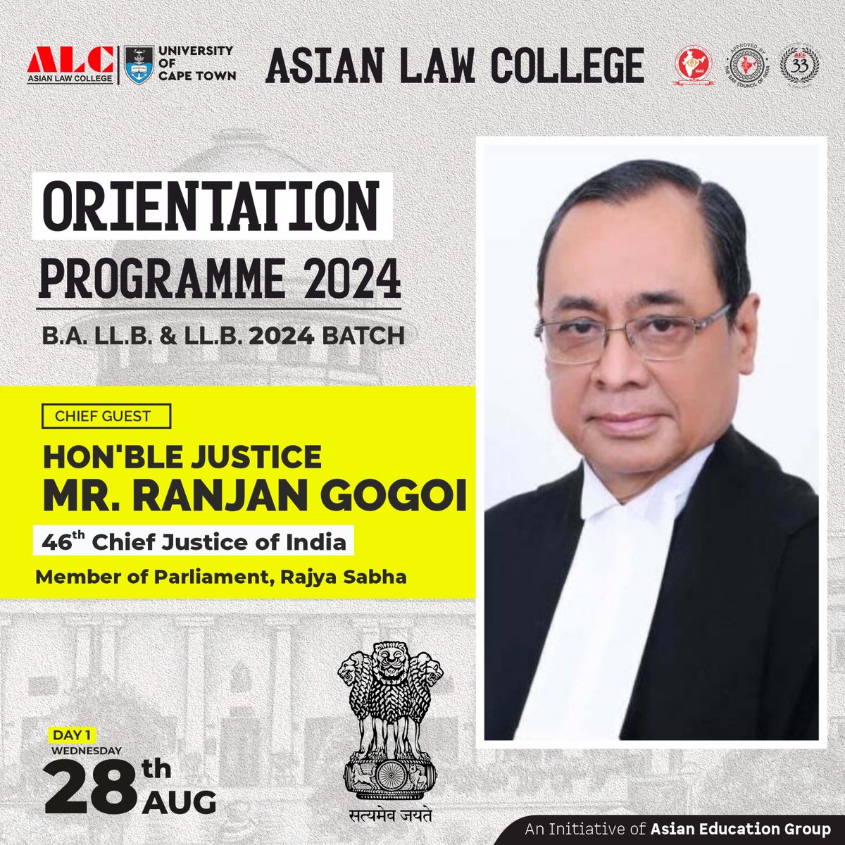 aegnoida's tweet photo. #AsianLawCollege is privileged to welcome our esteemed and honorable Chief Guest, Justice Mr. Ranjan Gogoi, former Chief Justice of India and current member of the Rajya Sabha, to the Orientation Program for the #BALLB &amp; #LLB batch of 2024 on 28 Aug, 2024

#Orientation #ALC #LLB https://t.co/iK1LRaCVLE