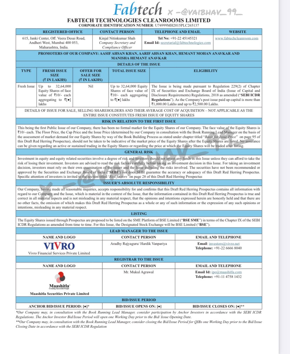 Vaibhav_99_'s tweet image. 1/5 📢 Big news! #FabtechTechnologies is gearing up for its Initial Public Offering (#IPO), and the Draft Red Herring Prospectus is out. Here’s a snapshot of the details!

2/5 🌟 About Us (Company):

Fabtech Technologies Cleanrooms Limited, based in Mumbai, specializes in…