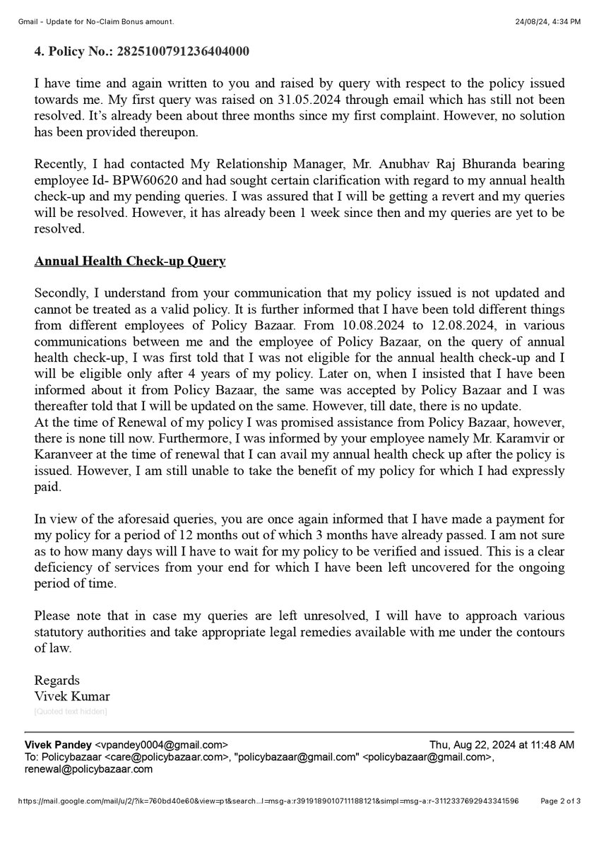 VivekPandeyyy's tweet photo. @policybazaar  The biggest mistake I did was to take my policy from you. 3 months have passed for a 12 months policy yet the issue remains unresolved. 
Pathetic Service. 
Screenshot of my continuous emails. 
@pen5ta @KheadupD #policybazaar @jagograhakjago https://t.co/3EkvPTWlYR