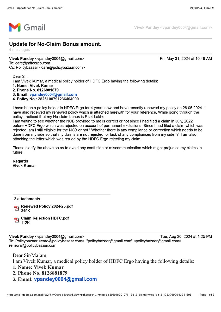 VivekPandeyyy's tweet photo. @policybazaar  The biggest mistake I did was to take my policy from you. 3 months have passed for a 12 months policy yet the issue remains unresolved. 
Pathetic Service. 
Screenshot of my continuous emails. 
@pen5ta @KheadupD #policybazaar @jagograhakjago https://t.co/3EkvPTWlYR