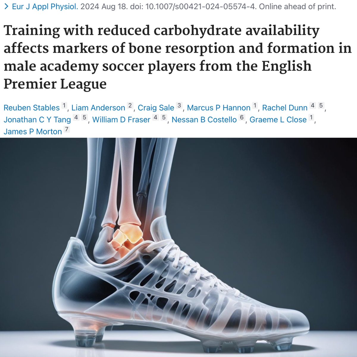 Carbohydrate restriction may impair bone health in premier league academy players🚨

This new study recruited 10 male football players from a premier league academy (age ~17 yrs) ⚽️

Players completed a 90-min training session (10:30 - 12:00) twice in two conditions:

1️⃣