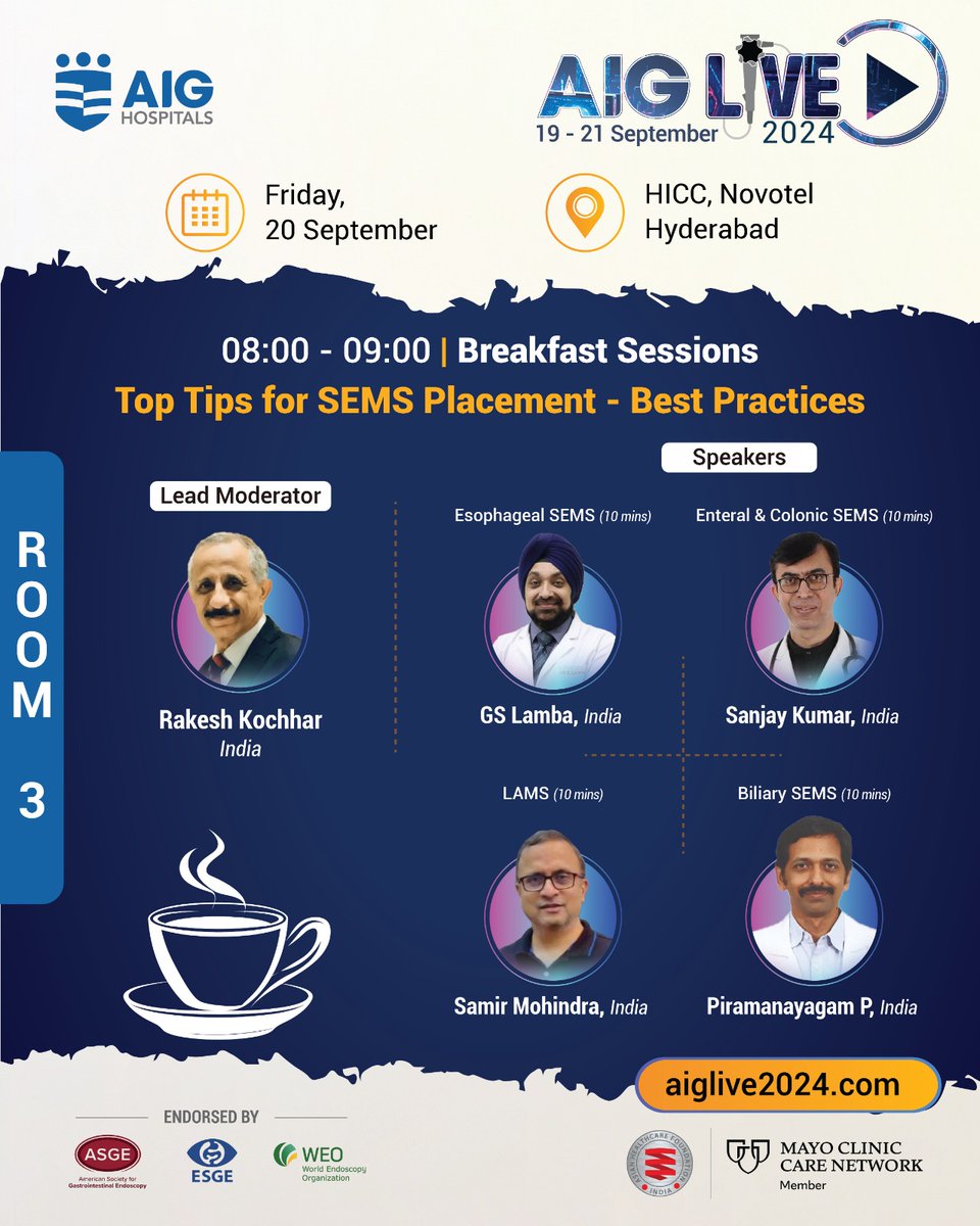 AIGHospitals's tweet image. #AIGLIVE2024 Breakfast Sessions | Great opportunity to learn the tips &amp;amp; tricks of #GIEndoscopy in a closed group setup. From understanding nuances #ImageGuided endoscopy, #Electrosurgical unit to #SEMS placement and Snares &amp;amp; Knives, these sessions will offer invaluable learnings