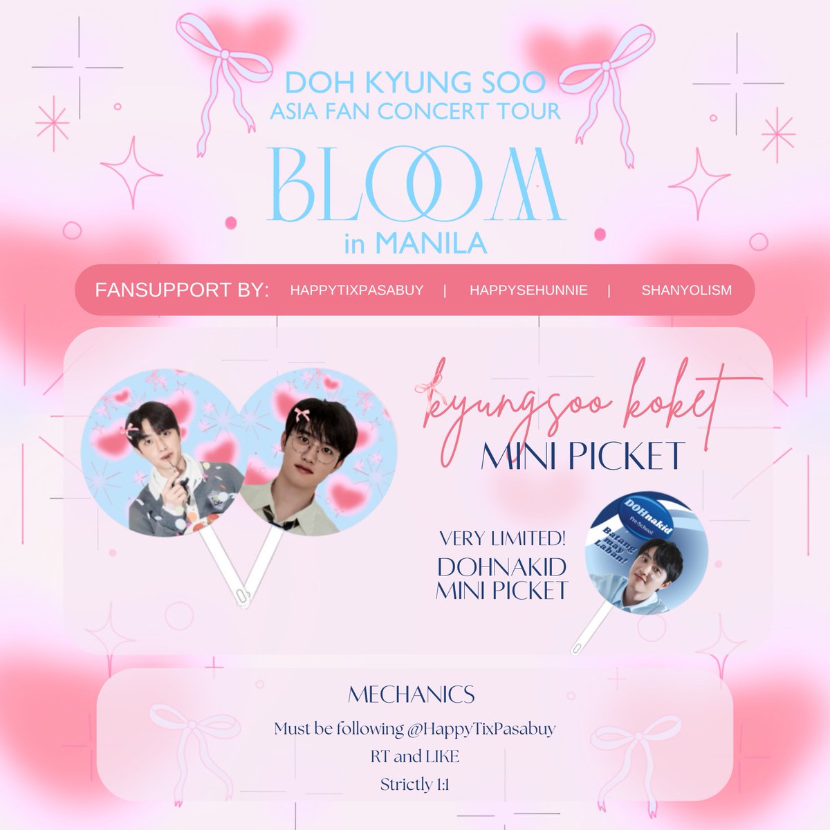 HappyTixPasabuy's tweet photo. 🌸 KYUNGSOO BLOOM IN MANILA FAN SUPPORT / FREEBIES / GIVEAWAY 🌸
by: @HappyTixPasabuy @happysehunnie @shanyolism

We are giving away mini pickets on both days (Day 1 and Day 2) of #BLOOMinManila #BLOOMinMNL

🌸 see poster for details
🌸 time and location TBA

See you, exo-ls 🩵 https://t.co/b0lRhKDZZR