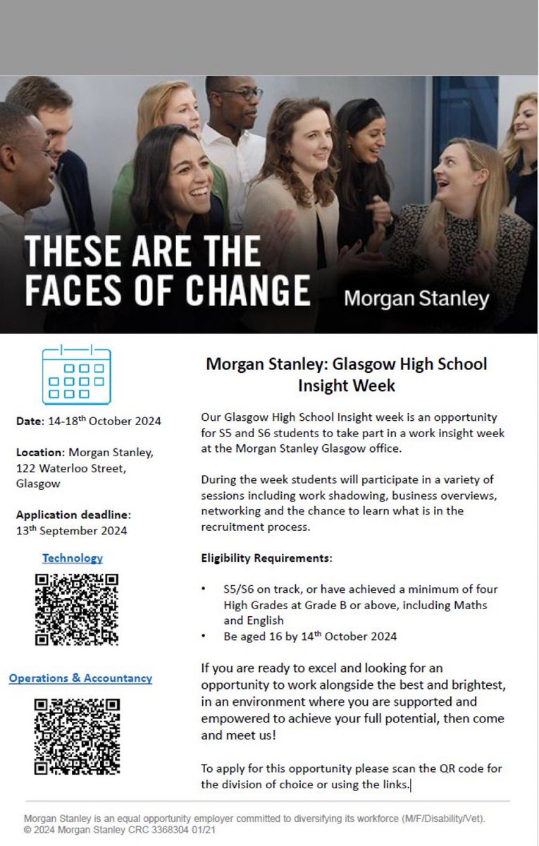 Applications are now open for the Insight Week at the <a href="/MorganStanley/">Morgan Stanley</a> Glasgow office.
Great Opportunity for:

🌟Work shadowing
🌟Business overviews 
🌟Networking 
🌟Learn about the recruitment process.

See Miss McGarry for more details.