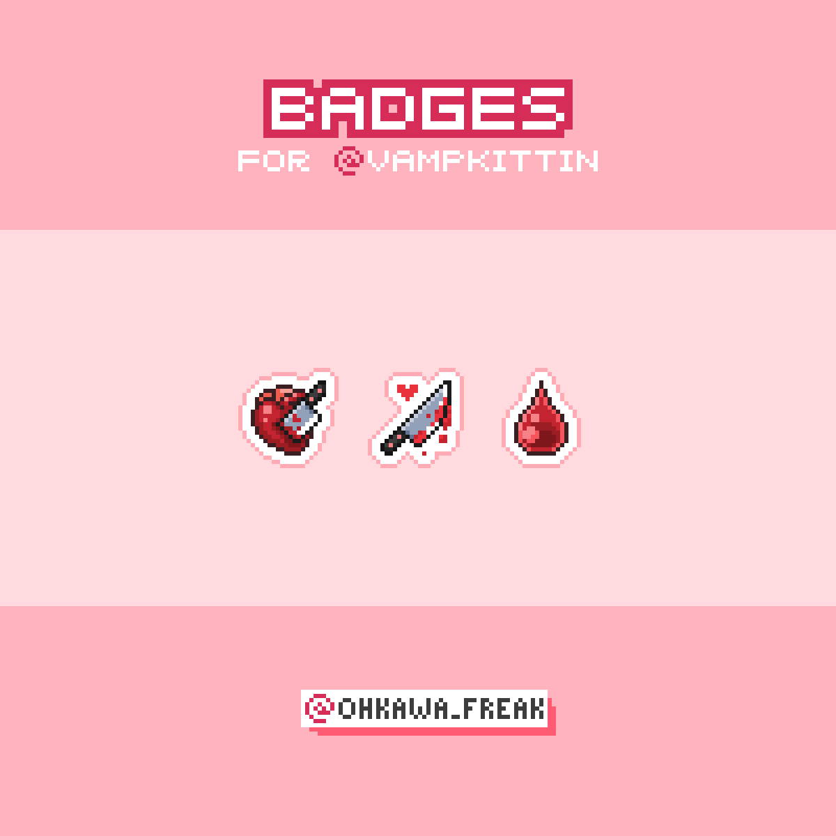 Ohkawa_freak's tweet photo. Badges for @vampkittin 🔪♥️
#pixelart #pixelartworks #pixelartist #pixelbadges #badges #badgedesign #twitchdesign #twitchartist #twitch #stream #streaming #ドット絵 #cute #insignias #subs #bit #emblemas #commission https://t.co/4yocpJknbi