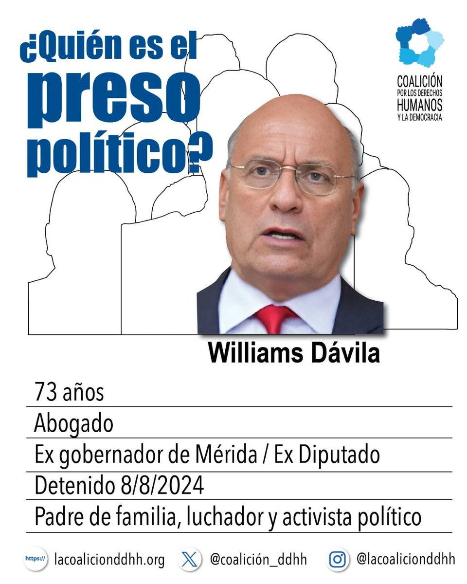 Coalicion_ddhh's tweet image. Williams Dávila es un destacado dirigente político, un hombre que ha dedicado su vida a la lucha por los valores democráticos,se encuentra privado de libertad de forma injusta, además su salud es delicada.

#NoALasDetencionesArbitrarias
#DetencionesArbitrariasEnVzla
#Venezuela 🇻🇪