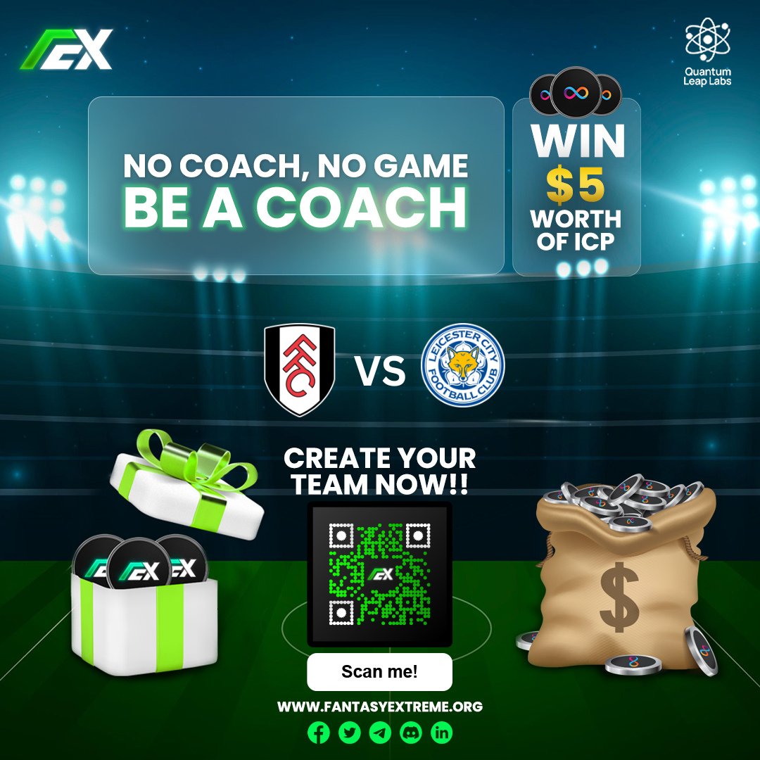 FExtremesports's tweet photo. Ready to win $5 #ICP, Plus #NFTs &amp; #Airdrop in today's Match @FulhamFC vs @LCFC

Steps 
- Go to https://t.co/YwtJyytBhD  
- Create team, join contest &amp; win  

Join: https://t.co/UeBXigV39B

#Fantasyextreme #Premierleaguee #DFINITY #ICPProject #FulhamFC #LCFC https://t.co/EzmJa1NnsP