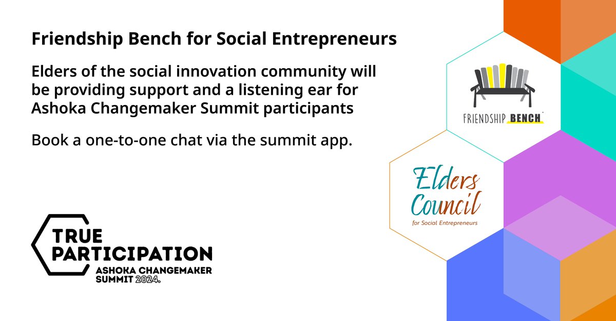 We're partnering with <a href="/friendshipbench/">Friendship Bench</a> to provide a Friendship Bench for #SocialEntrepreneurs at the <a href="/Ashoka/">Ashoka</a> Changemakers Summit! Bookings for a one-to-one chat with an elder of the social innovation community OPENS NEXT WEEK on the ACMS app 
#TrueParticipation #Changemakers #SDG