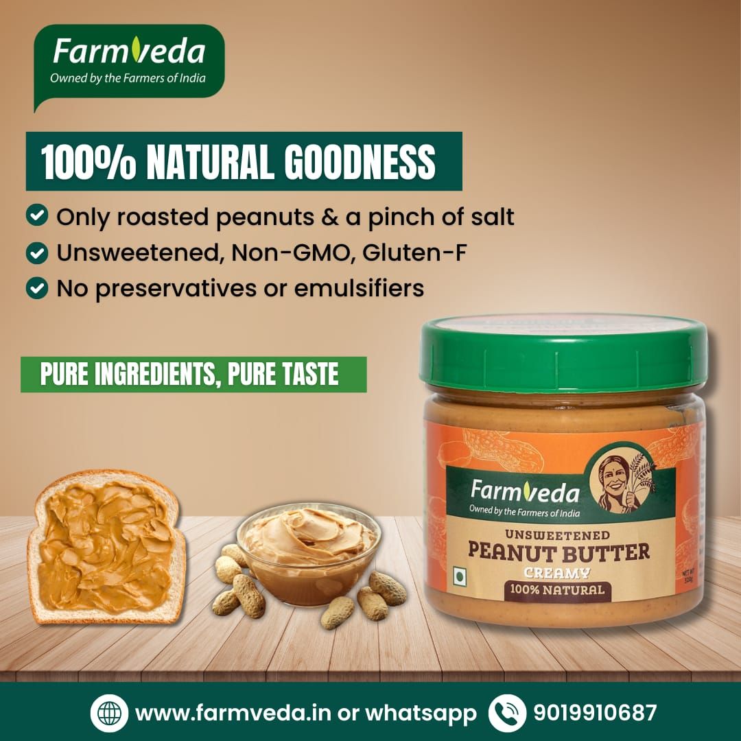 Looking for a wholesome and natural spread? 🍞🥜 Farmveda's Unsweetened Peanut Butter is made with just roasted peanuts and a pinch of salt – no preservatives, no emulsifiers, just pure, natural goodness! 

#Farmveda #NaturalGoodness #PeanutButter #HealthyLiving #PureIngredients