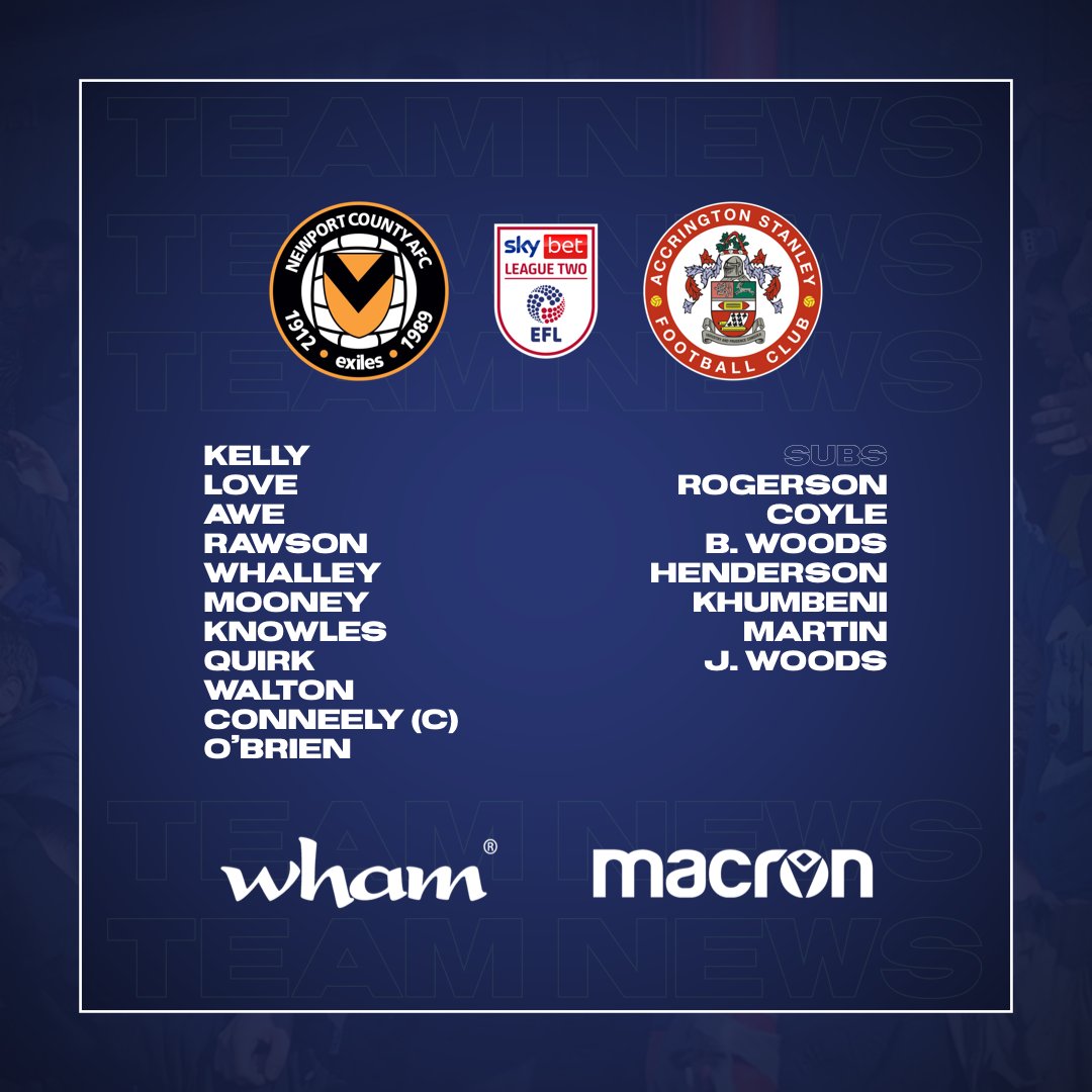 ASFCofficial's tweet photo. 👥 Here is your #asfc starting XI for this afternoon’s @SkyBetLeagueTwo fixture against @NewportCounty; with 17-year-old Accrington Stanley Academy product, @jrogerson06, named in your 18-man matchday squad! https://t.co/z0BVCzRC3H