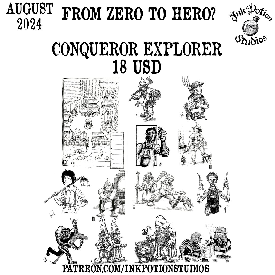In the month of August, Ink Potion Studios brings a collection of Level 0 characters just waiting for the opportunity to loot ruins and conquer treasure!  

Check it all out in our patreon! patreon.com/inkpotionstudi…… 

#Patreon #DnD #dndart #fantasy #osr