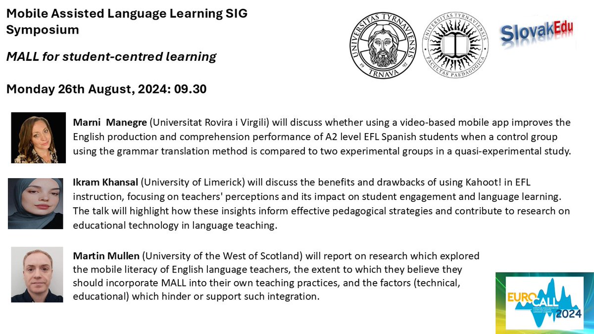 Hope to see you at the MALL SIG Symposium at the <a href="/EurocallLang/">Eurocall</a>  conference on Monday August 26th at 9.30am. Looks like an interesting <a href="/mallsig_ec/">MALL SIG EUROCALL</a>  event!