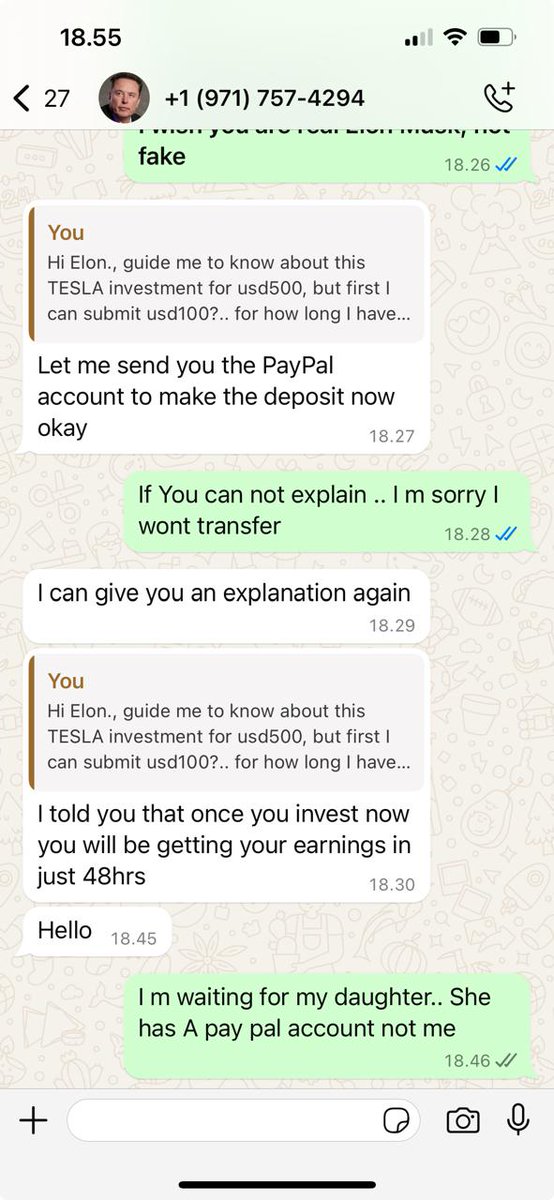 cikhasekar's tweet photo. @elonmusk hi Elon Musk, I am from Indonesia. My relative got this message from you +1 (971) 757-4294 and ask to invest in TESLA. Is it really your account? If not, please kindly confirm @kemkominfo https://t.co/a1KRQK8V3F