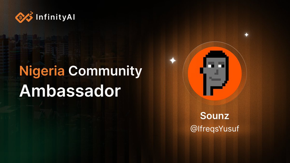 infinityai_labs's tweet photo. 🧡 Welcome to our first Nigeria community ambassador @Sounz0_0
 
🟠 #Fractal needs more builders, and we warmly invite ambassadors from around the world to join us in developing the Fractal ecosystem. 

🟧 InfinityAI is excited to connect with more ambassadors, and we’re ready to unleash the full potential of Fractal and AI!
#Fractal #InfinityAI #Bitcoin #AI #Ambassador
