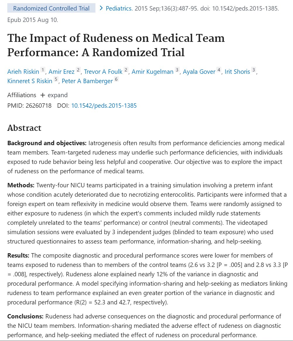 pash22's tweet photo. The Impact of Rudeness on Medical Team Performance: A Randomized Trial
https://t.co/1WYvHe8Rhs via @pbamberger et al https://t.co/Ea1Vp3AVoE