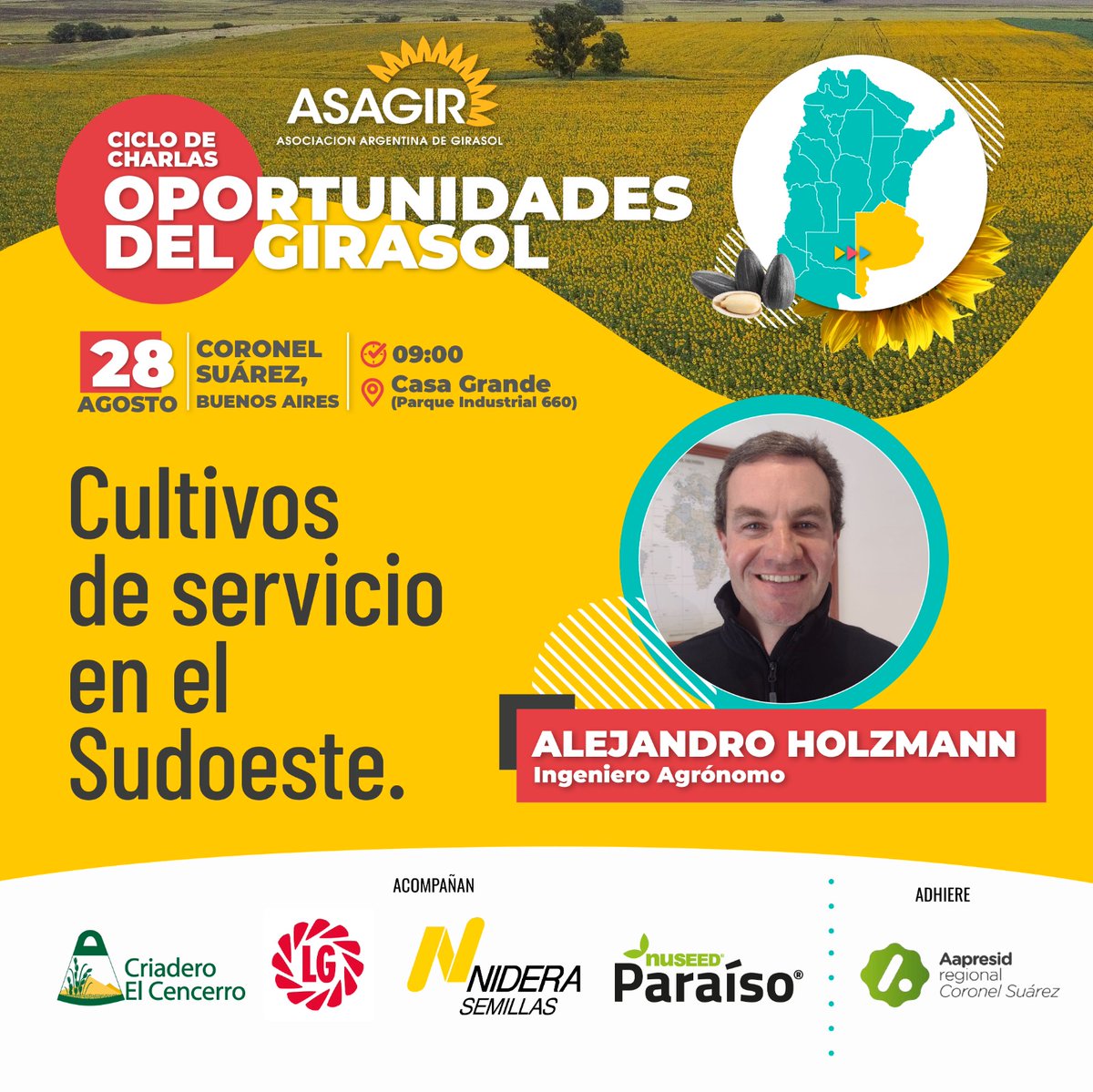 asagirok's tweet photo. 🌻Cultivos de servicio en el Sudoeste, otro de los temas que abordaremos en el marco de la jornada Oportunidades del Girasol.
🗣Ing Alejandro Holzmann
🗓Miércoles 28 de agosto 9hs 
📍Casa Grande, (Parque Industrial 660) Coronel Suarez 
✍Inscribite:https://t.co/upCZTjMxCZ https://t.co/0KUxCdxjxx