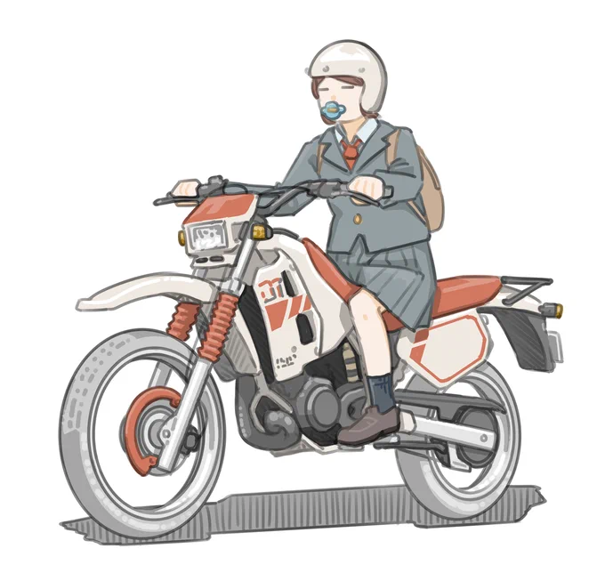 運転中の眠気覚ましにおしゃぶりが良いというネット情報を試す女子です。 (ヤマハ DT200R(3ET)) #バイクJK #イラスト