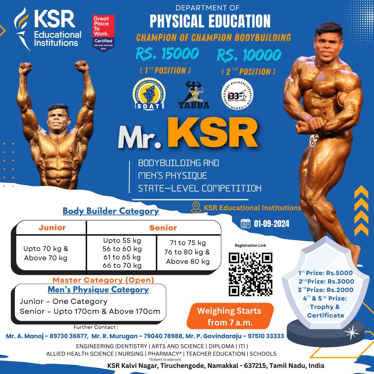 🏆 Mr KSR - Champion of Champion Body Building Competition 🏆

💪 KSR Educational Institution is proud to host the Champion of Champion Body Building Competition on September 01, 2024 led by none other than our Arjuna Awardee, Thiru. Baskaran

#WeLoveKSR