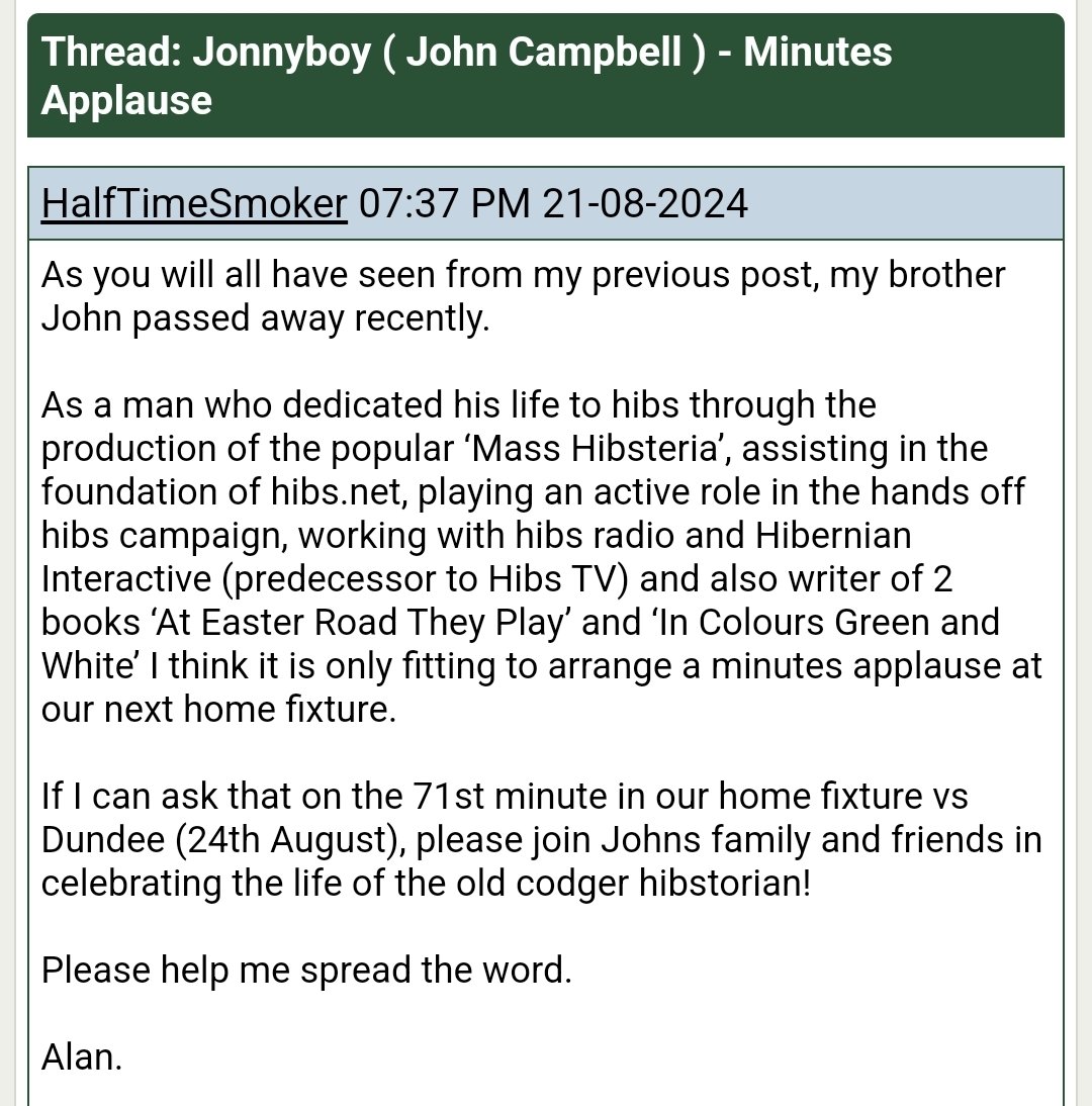 InsideEasterRd's tweet photo. John Campbell was a lovely man and a fantastic Hibby. On the 71st minute today please join John's family in celebrating his life. #GGTTH #WithTheAngelsHighAbove 💚 https://t.co/MEOZ6fcKFQ