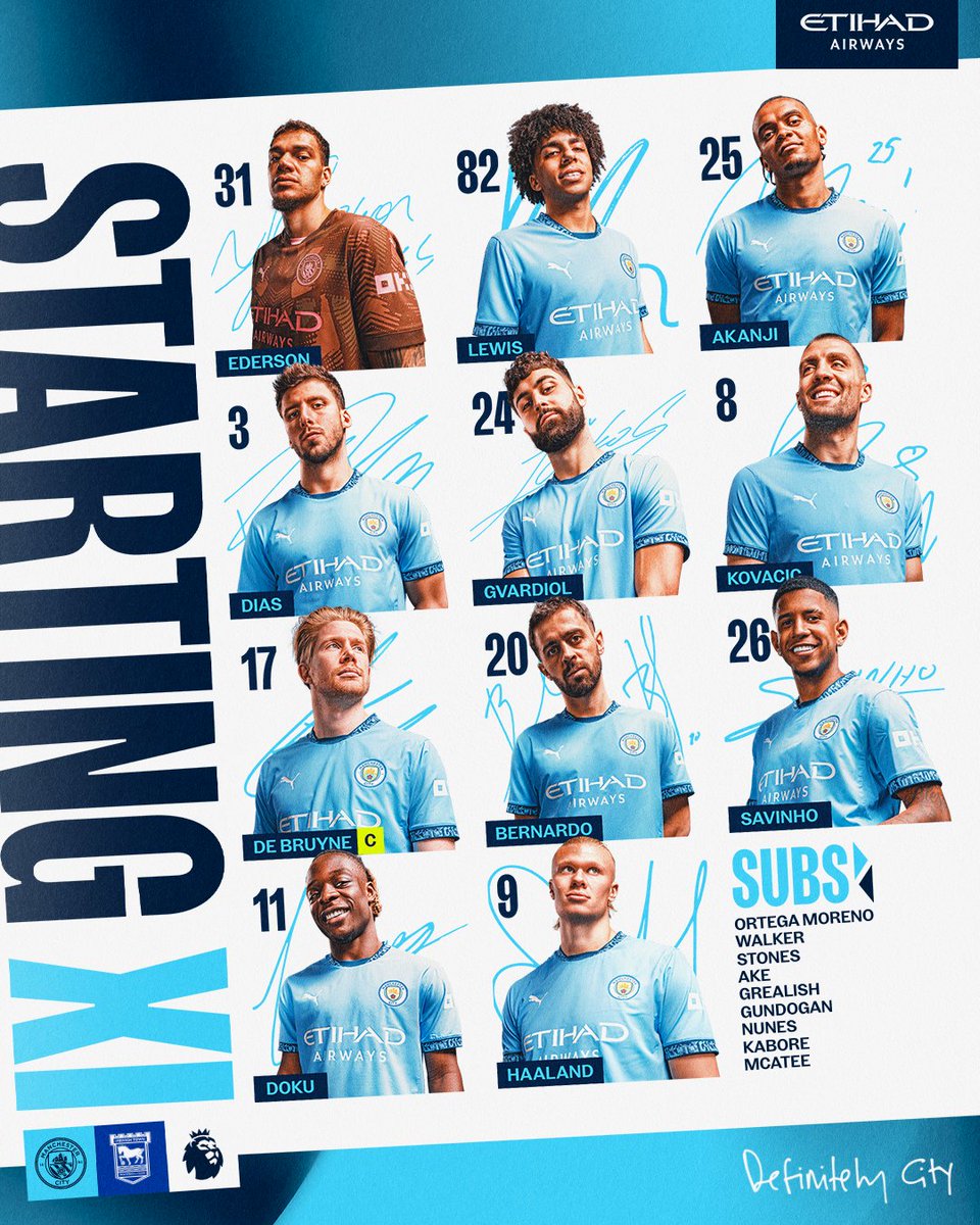 ManCity's tweet image. Your City line-up for #MCIIPS 🩵

XI | Ederson, Lewis, Akanji, Dias, Gvardiol, Kovacic, De Bruyne (C), Bernardo, Savinho, Doku, Haaland

SUBS | Ortega Moreno, Walker, Stones, Ake, Grealish, Gundogan, Nunes, Kabore, McAtee

#ManCity | @etihad