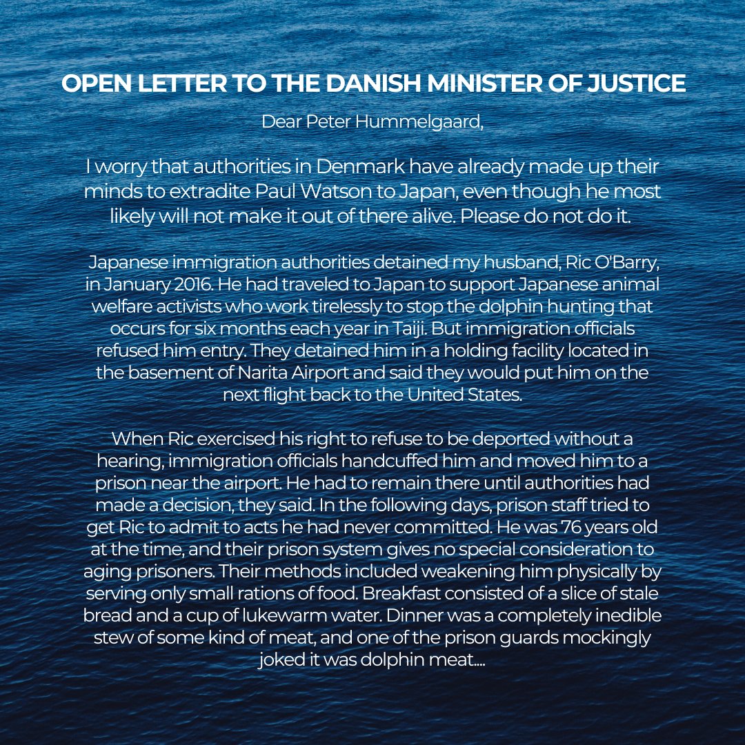 Dolphin_Project's tweet photo. Please continue to contact the Minister Hummelgaard. Ask him (politely) consider the fate of Paul Watson, and to DENY the request from the Japanese government to hand him over. ⁠
Call +45-72268400⁠
Email: jm@jm.dk https://t.co/CT9yvnPprD