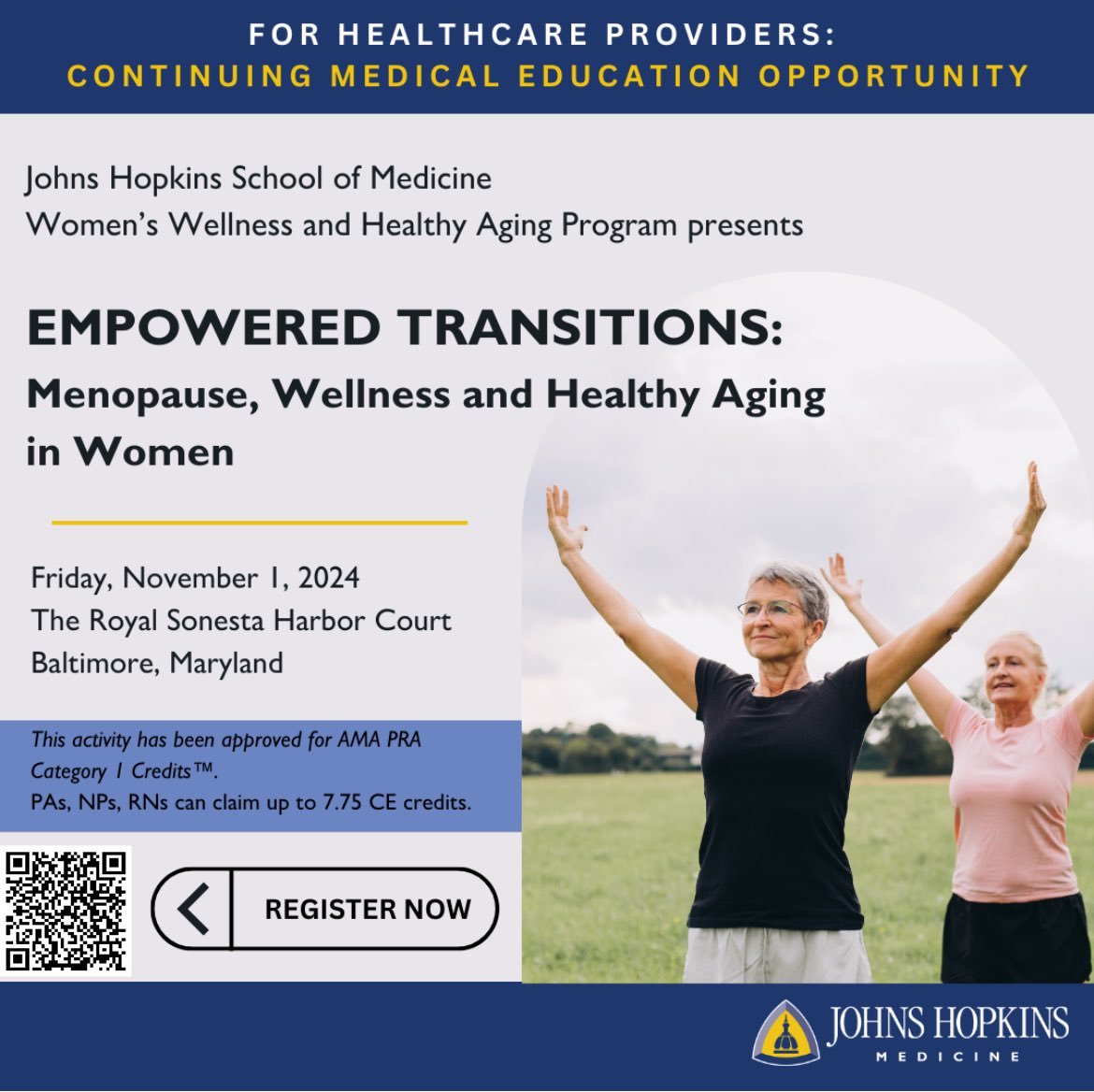 Interested in Menopause, Wellness &amp; Healthy Aging in Women? Sign up and claim 7.75 CE credits for this CME on Friday 11/1 at the Royal Sonesta Harbor Court in Baltimore MD.