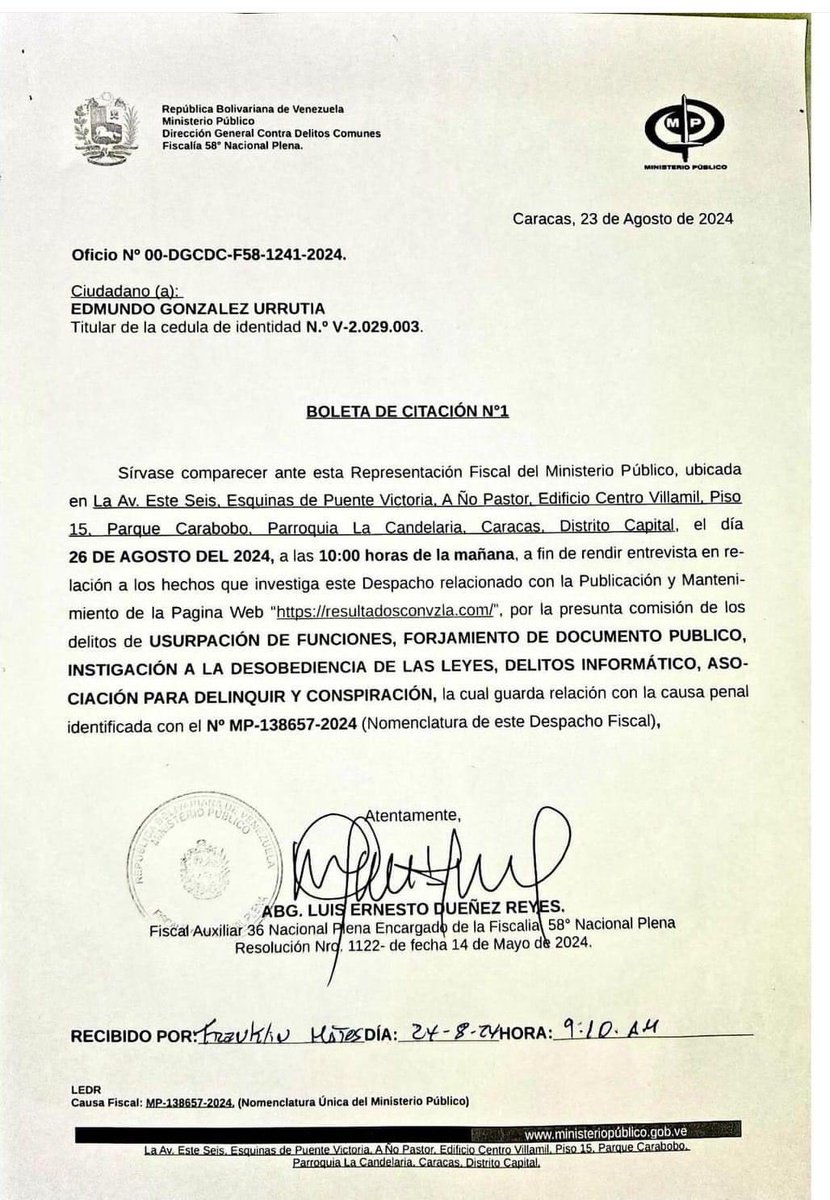 La fiscalía del régimen criminal chavista, cita formalmente al presidente electo de Venezuela, Edmundo González. Ahora Maduro criminaliza la lucha por la democracia.