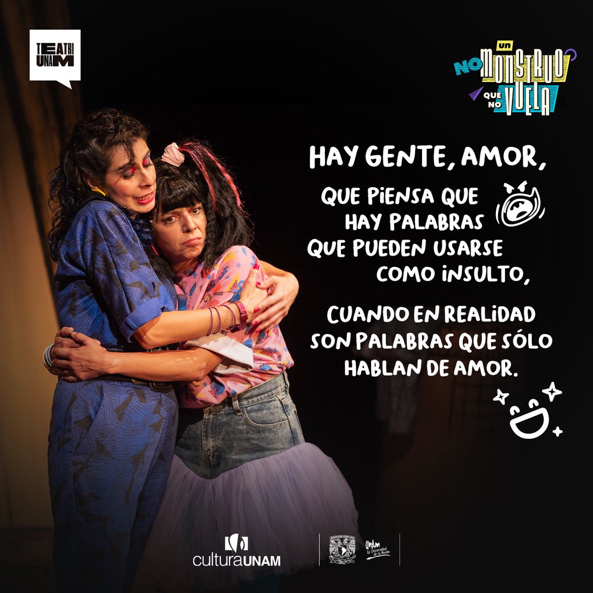 Una increíble obra para toda la familia que nos enseña a amar sin complejos, esto es UN NO MONSTRUO QUE NO VUELA 🚪.

¡Este finde no te quedes sin acompañarnos!

🔹 De Sara Pinet, dir. Valentina Sierra
🔺 sá y do, 18 h
📍 Teatro Santa Catarina
🔗 bit.ly/NoMonstruoTU