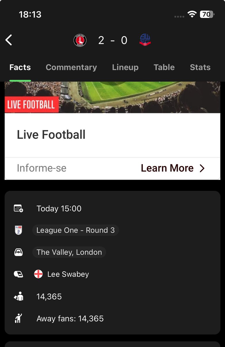 DaveF999's tweet photo. That’s some turn out by Bolton fans today according to FotMob. Poor from Charlton though. #cafc https://t.co/E9jOo44Hae