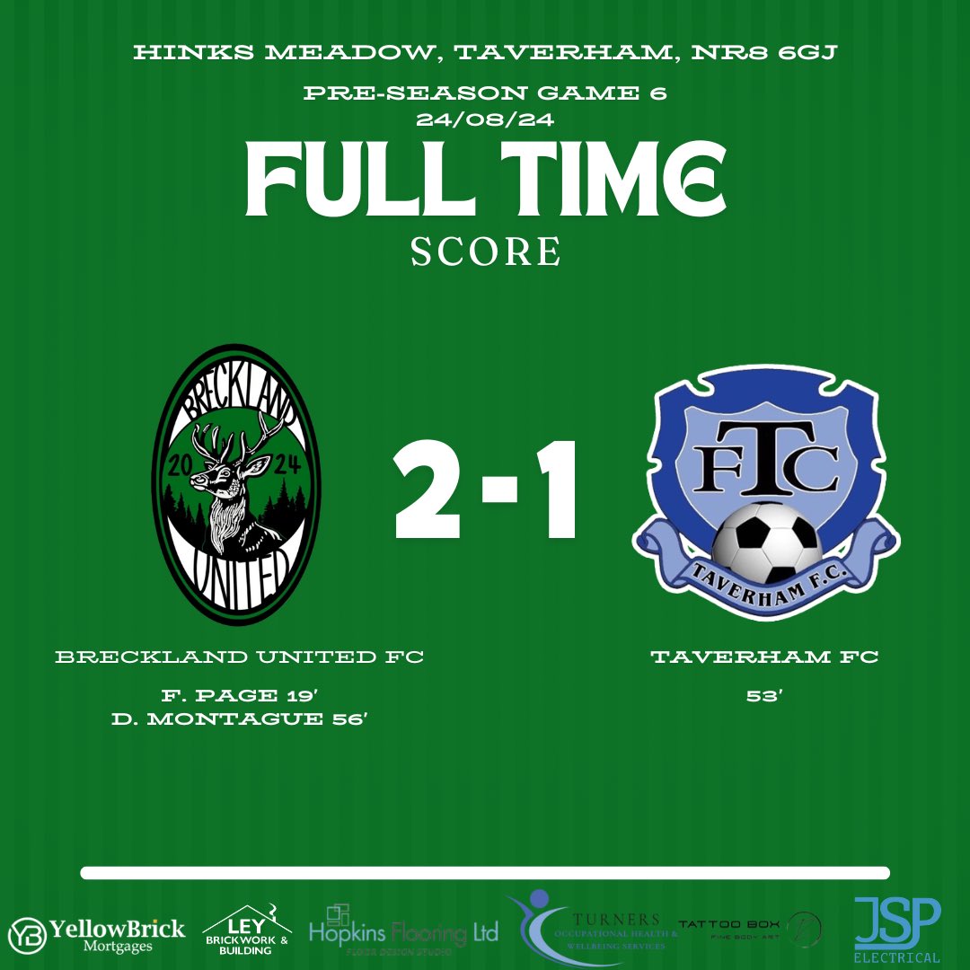 BrecklandUnited's tweet photo. FULL TIME:

Breckland United FC 2-1 @TaverhamFCMens 

@finlaypage710 19’
Dylan Montague 56’

#UpTheStags💚🤍🦌 https://t.co/Q6bZHXjmha