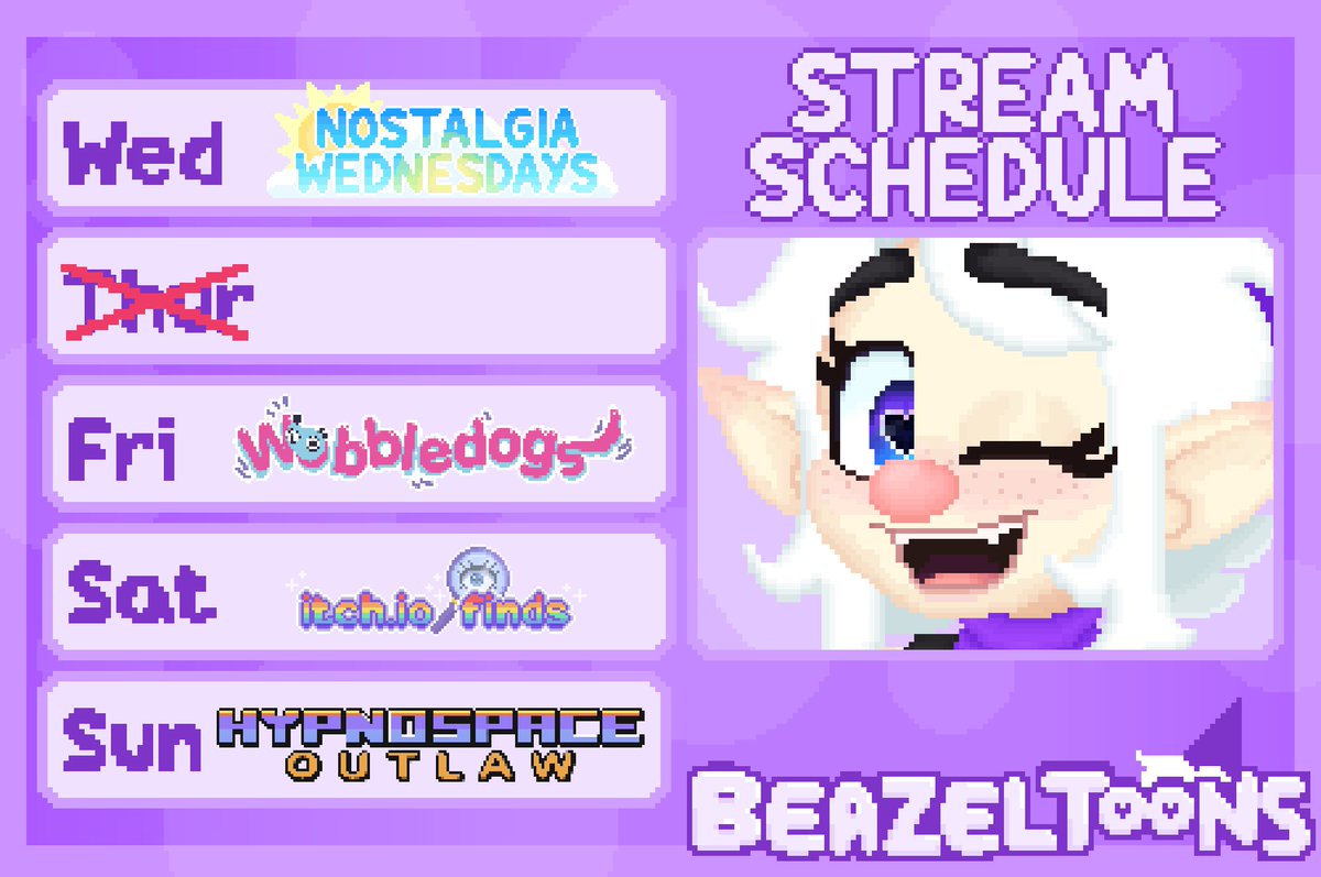 beazeltoonsVT's tweet photo. 💜🍭Schedule for the week of Aug 28- Sept 1!🍭💜
#pixeltuber #vtuber #pngtuber #streamschedule https://t.co/KZL4sxs6wX