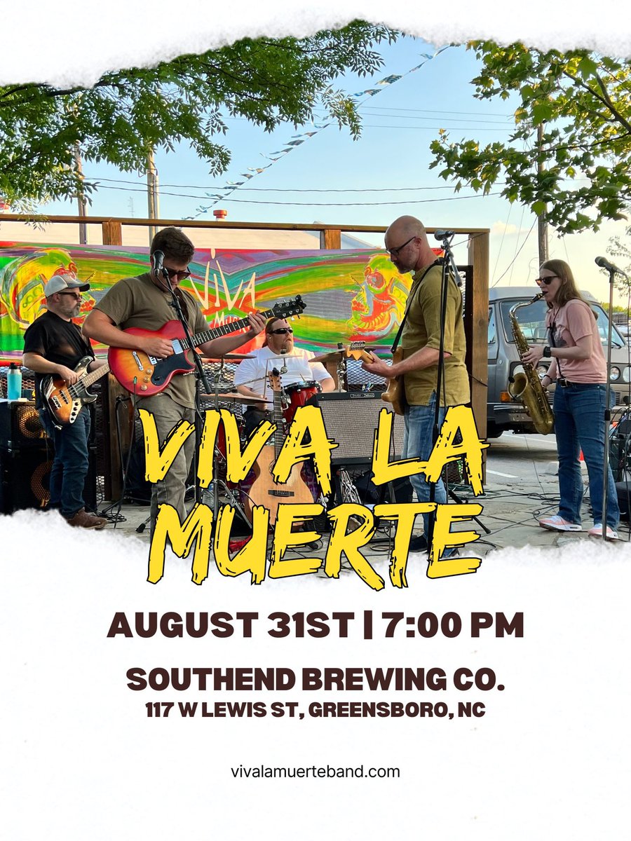 VivaLaMuerteNC's tweet photo. One week from today, August 31st, we return to SouthEnd Brewing with the full band! Show starts at 7pm! Come on out!
#vivalamuerte #vlmband #livemusic #greensboro https://t.co/jYm785dohU