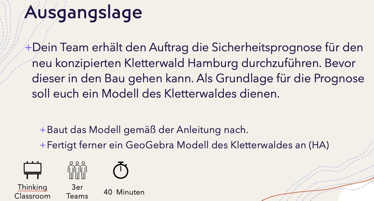 S_Teach_fan's tweet photo. Projektorientierung im #mathematikunterricht
Mein LK muss die TÜV Abnahme in einem Kletterwald übernehmen, dabei werden sowohl haptische Modelle erstellt, eine #geogebra Programmierung angefertigt und diverse Probleme der anal. Geometrie gelöst
#mathematikedu #twlz https://t.co/T3v8IKuBlR