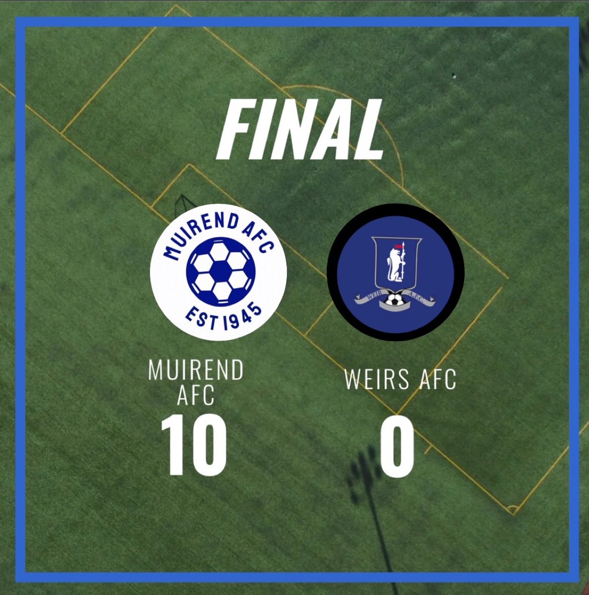 Another great result today in the league with a 10-0 win over Weirs. Danny Medford with 4 of the worst goals of all time, followed by 2 from Clayton and Guy, Kwame, McGeever and Gary chipped in with one each.