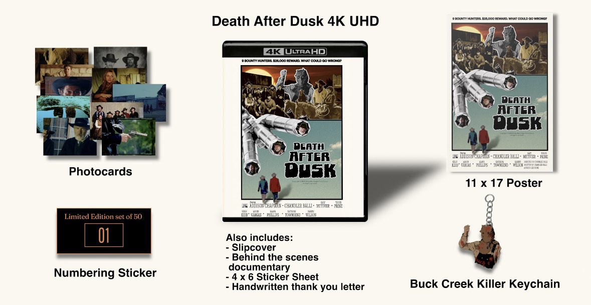 chandlerVol3's tweet photo. DEATH AFTER DUSK 4K and Blu Ray pre-orders are now open! This is a limited edition of the film. There are only 50 copies available! 
Includes:
- Death After Dusk 4K UHD Blu Ray
- Behind the scenes documentary
- Slipcover
- Movie Photocards
- 11 x 17 poster
- 4 x 6 Death After Dusk Sticker Sheet
- Buck Creek Killer Keychain
- Numbering Sticker
- Handwritten thank you letter
This is a preorder. This item will ship in October 2024! Get yours here: https://t.co/mNk5cgHJdz