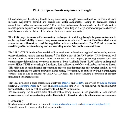 PHD funded position in European Forests Responses to Drought. Don't hesitate to share or apply !