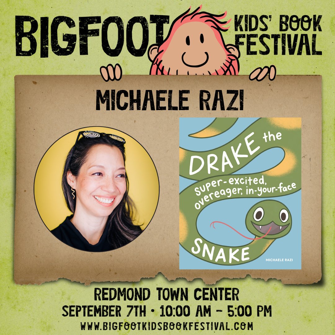 We're so excited to welcome Michaele Razi to the festival! Last year, Michaele was our fearless Draw Wars emcee! Michaele is the author and illustrator of the books, Frank the Seven-Legged Spider and Drake the (Super-Excited, Overeager, In-Your-Face) Snake.
